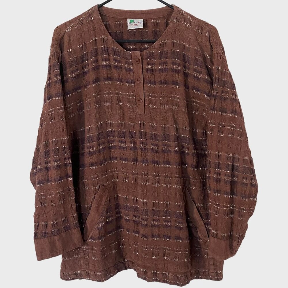 Vintage Cotton USA Button-Collar Textured Long Sleeve Top Brown Women's Medium